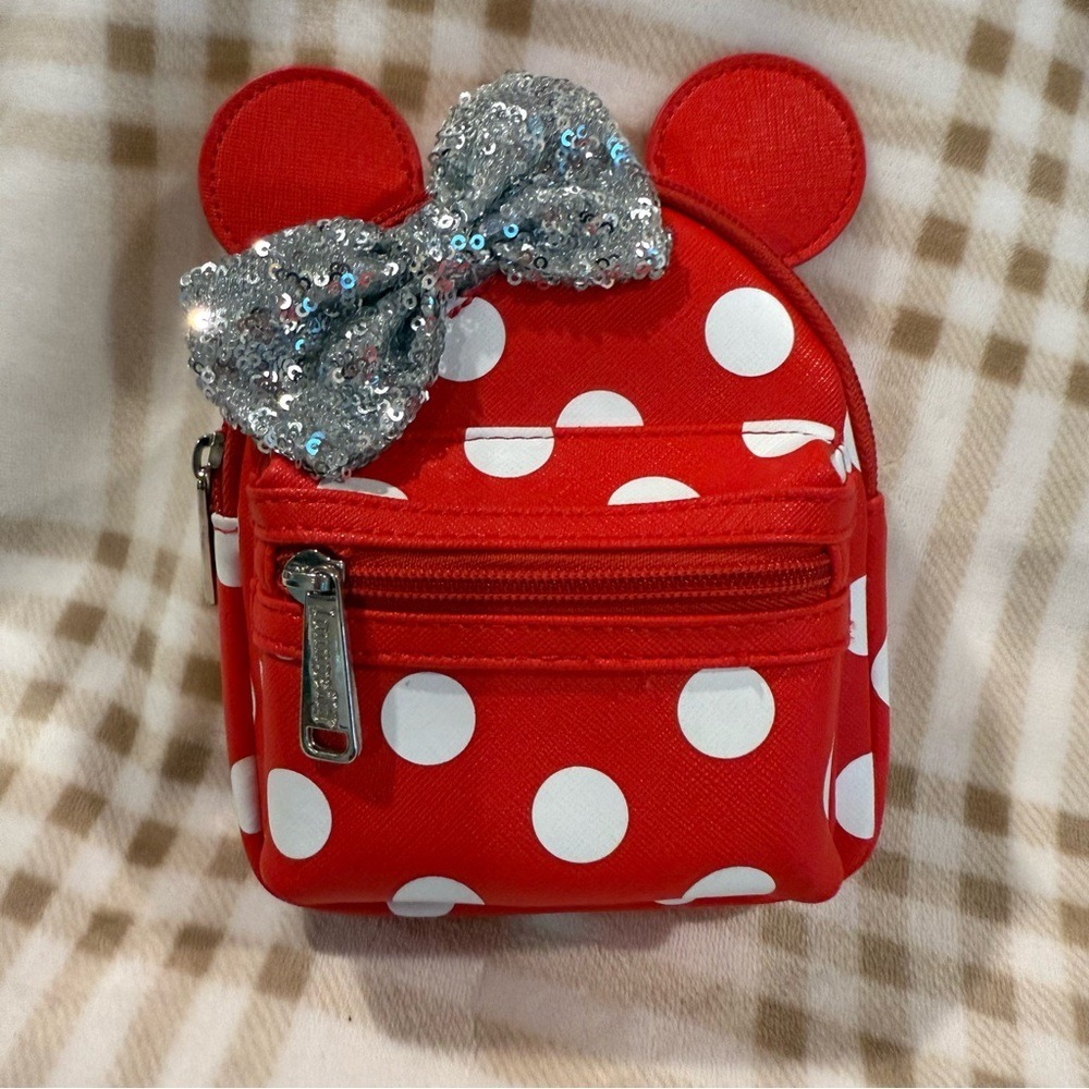 Disney Parks Loungefly Minnie Mouse Polka Dot Wristlet Red Silver Sequin Bow